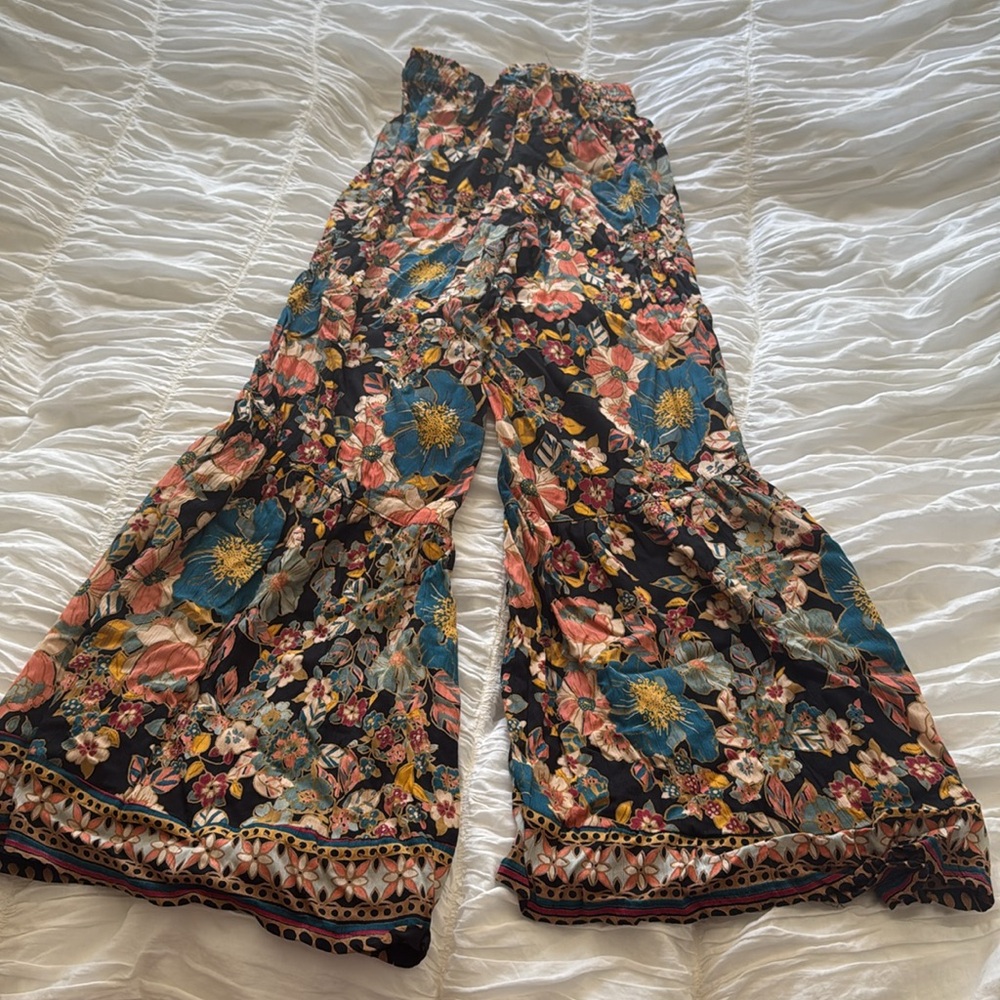 Angie Women's Wide Tier Leg S Floral Pants Boho Festival Flare Tribal Hippie Y2K - Picture 3 of 3